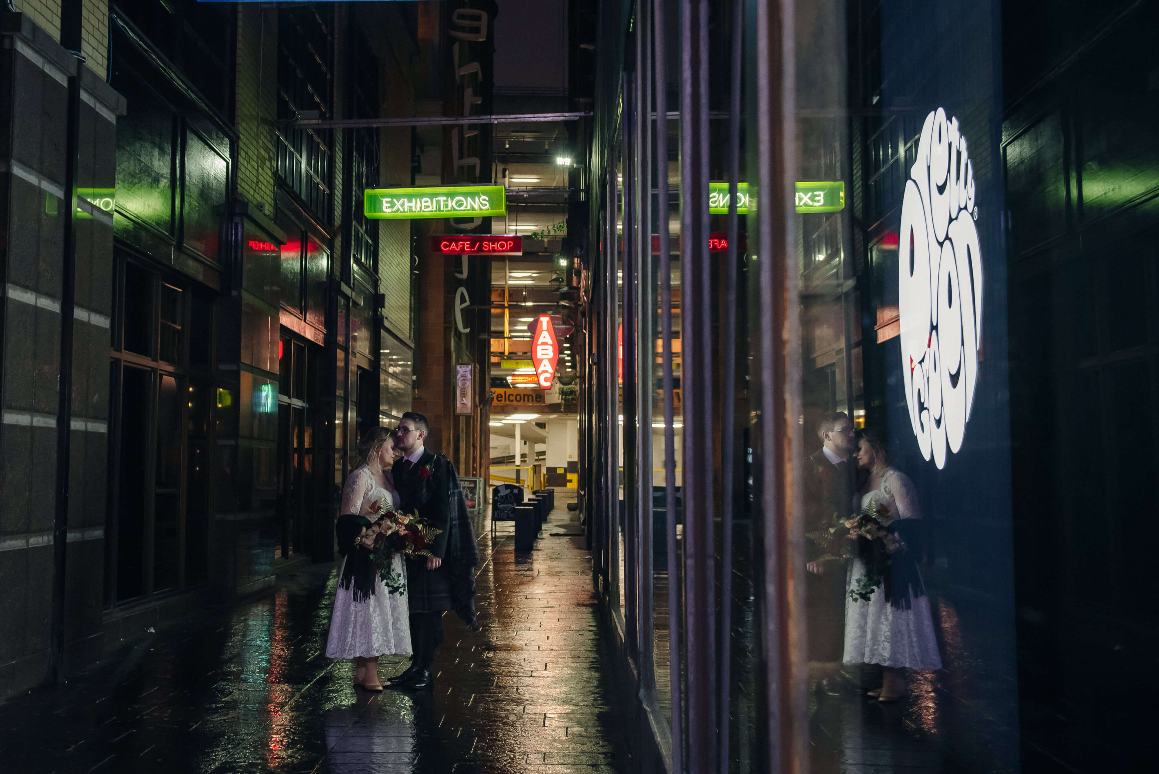 Alternative Wedding Photographer Scotland night photos glasgow city centre with bride groom neon lights