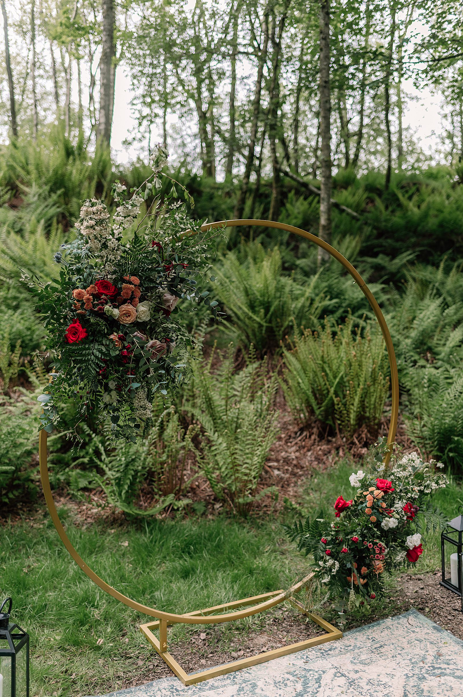 circle flower arch with at Scottish outdoor woodland wedding