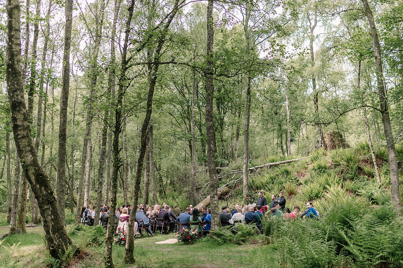 outdoor wedding ceremony scotland at comrie croft in green woodland showing guests waiting for the bride to arrive